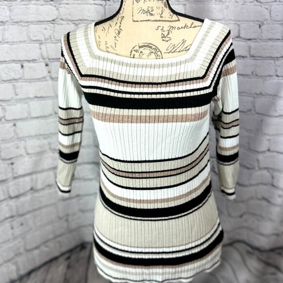 Linda Matthews Pullover Striped Sweater Black Taupe White Square Neck L - Picture 1 of 10